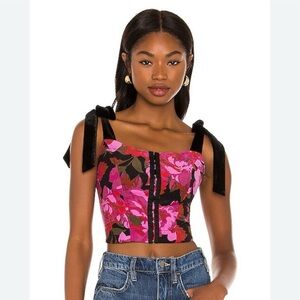 Free People Addie Floral Corset Black & Pink Floral Tie-Shoulder Cropped Top XS